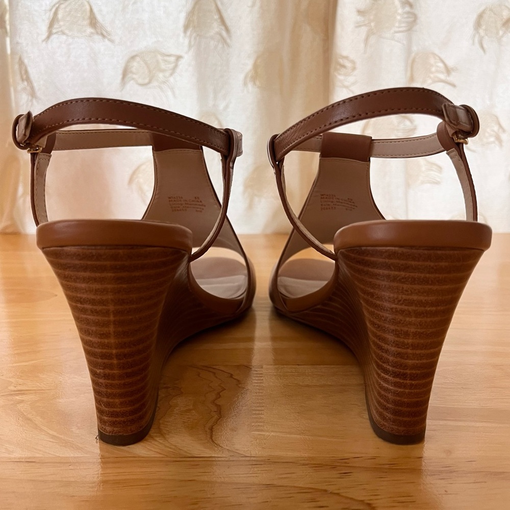 COLE HAAN Maddie Open Toe Tan Wedge Sandals, Pecan Leather, Size 8 - Picture 8 of 11